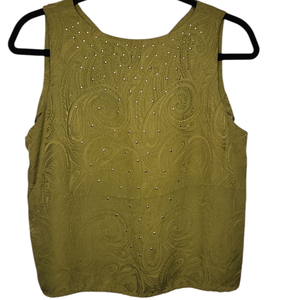 Silx Vintage Silk Green Goldtone Embellished Button Front Sleeveless Top Size M